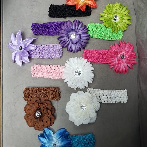 Lot of 9 Baby headbands with 10 attachable flowers Multicolor - Picture 2 of 3